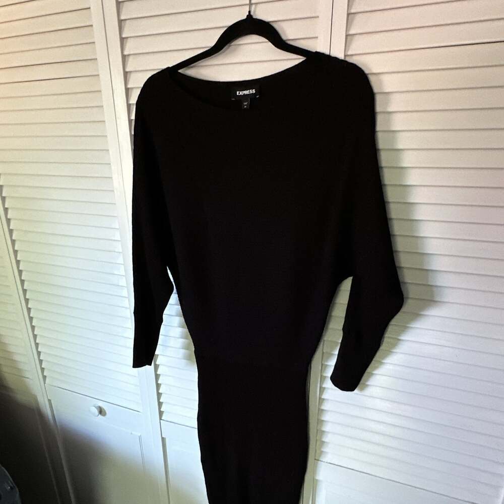 Express Black‎ Solid Round Neck Long Sleeve Bodycon Midi Sweater Dress Size XS - Picture 2 of 4